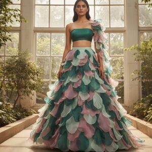 Emerald Whisper Ruffle Couture Gown