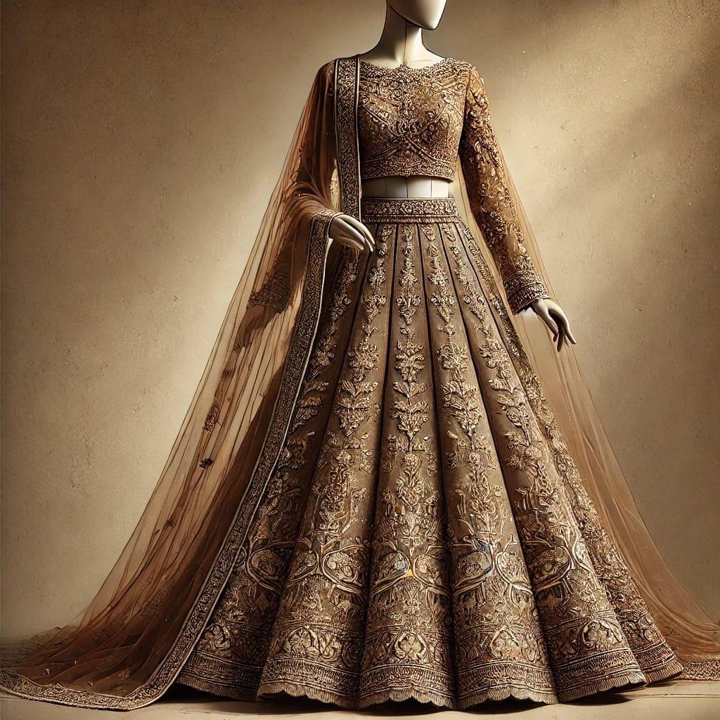Luxury embroidered bridal lehenga in golden beige with heavy zari work and net dupatta for modern Indian brides