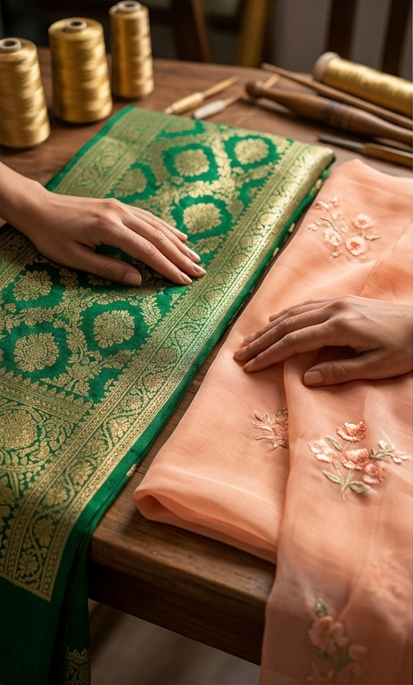 Close-up of green Banarasi silk with gold zari and peach embroidered organza saree fabric