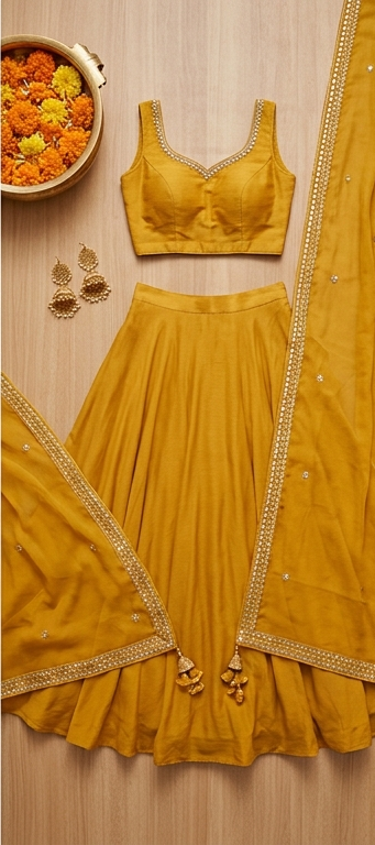 Flat lay of a mustard yellow lehenga choli with delicate Gota Patti borders and matching accessories.