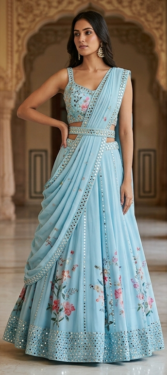 A woman wearing a sky blue designer lehenga featuring pastel floral prints and a modern belted dupatta drape.